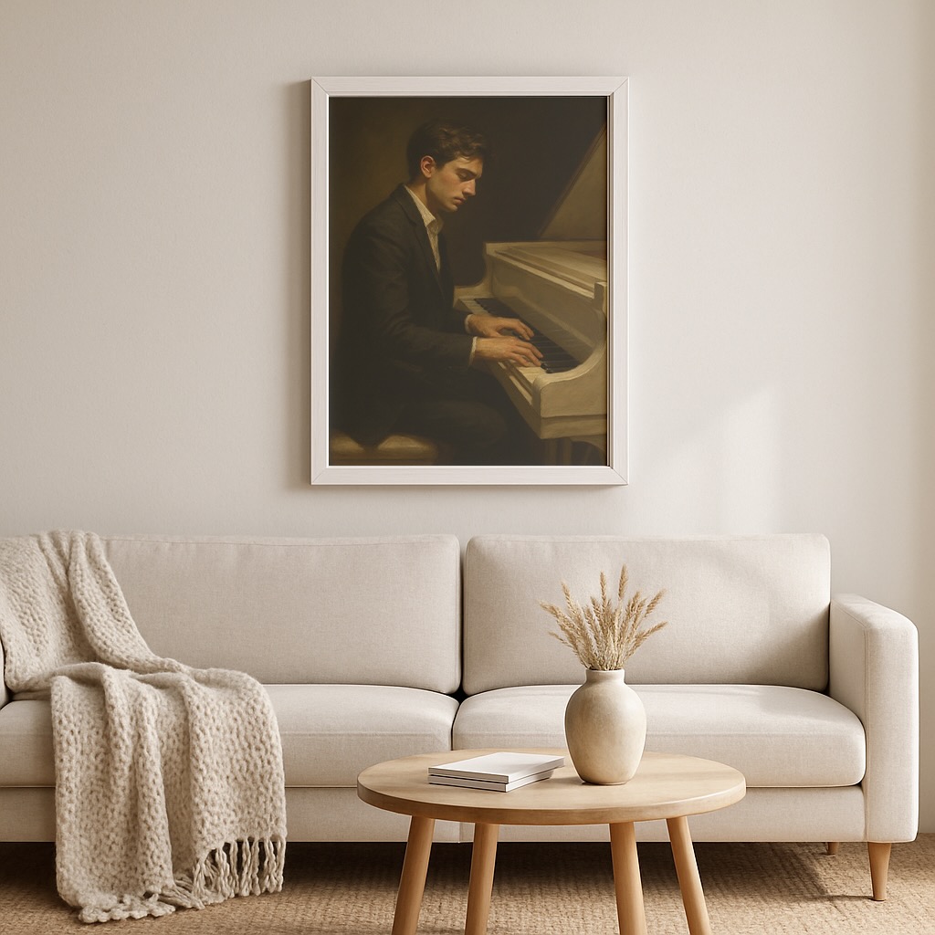 Piyano Tablo – Salon Görseli Piyano çalan adam tablosu bir salon duvarına asılmış
