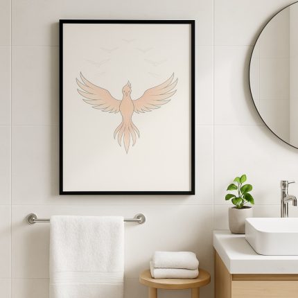 Minimal kuş tablosu banyoda – siyah çerçeveli